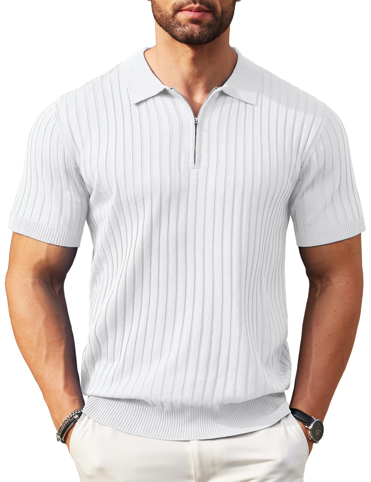 Mens Zipper Ribbed Knit Polo Shirt