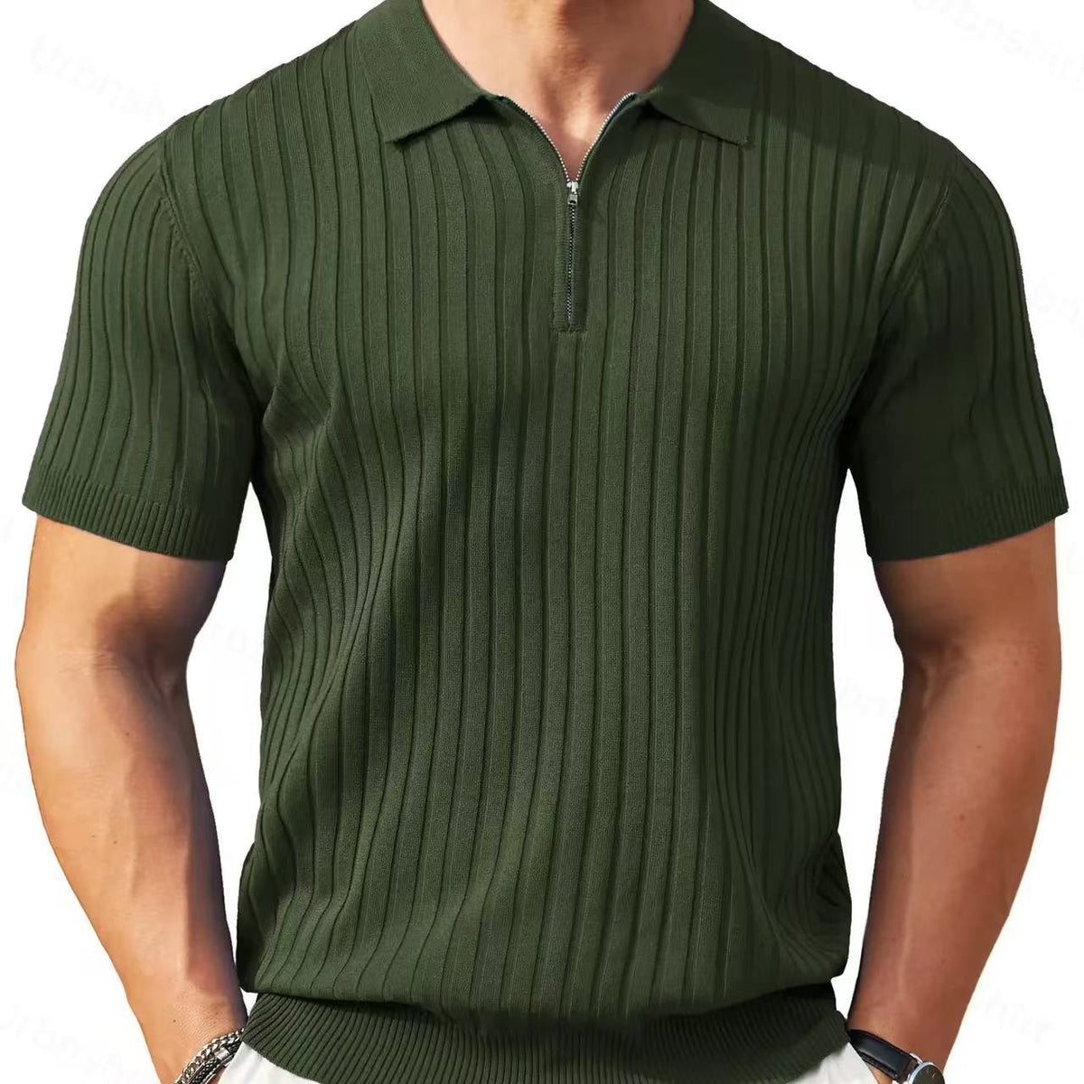 Mens Zipper Ribbed Knit Polo Shirt
