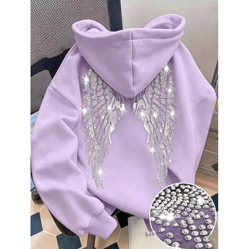Rhinestone Wings Hoodie Long Sleeve Pullover | PolarNut