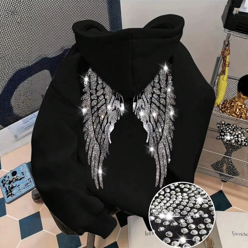 Rhinestone Wings Hoodie Long Sleeve Pullover | PolarNut
