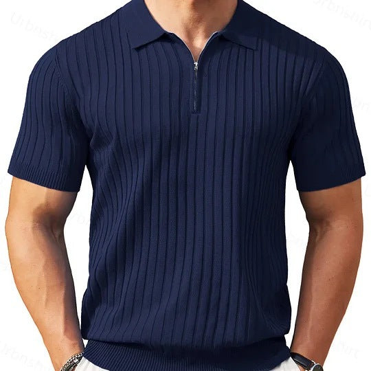 Mens Zipper Ribbed Knit Polo Shirt