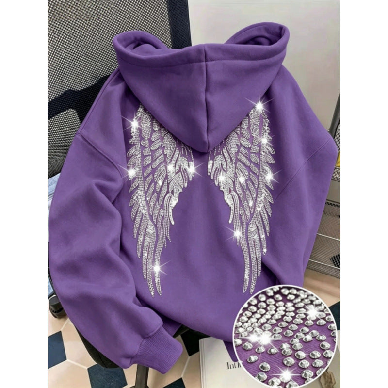Rhinestone Wings Hoodie Long Sleeve Pullover | PolarNut