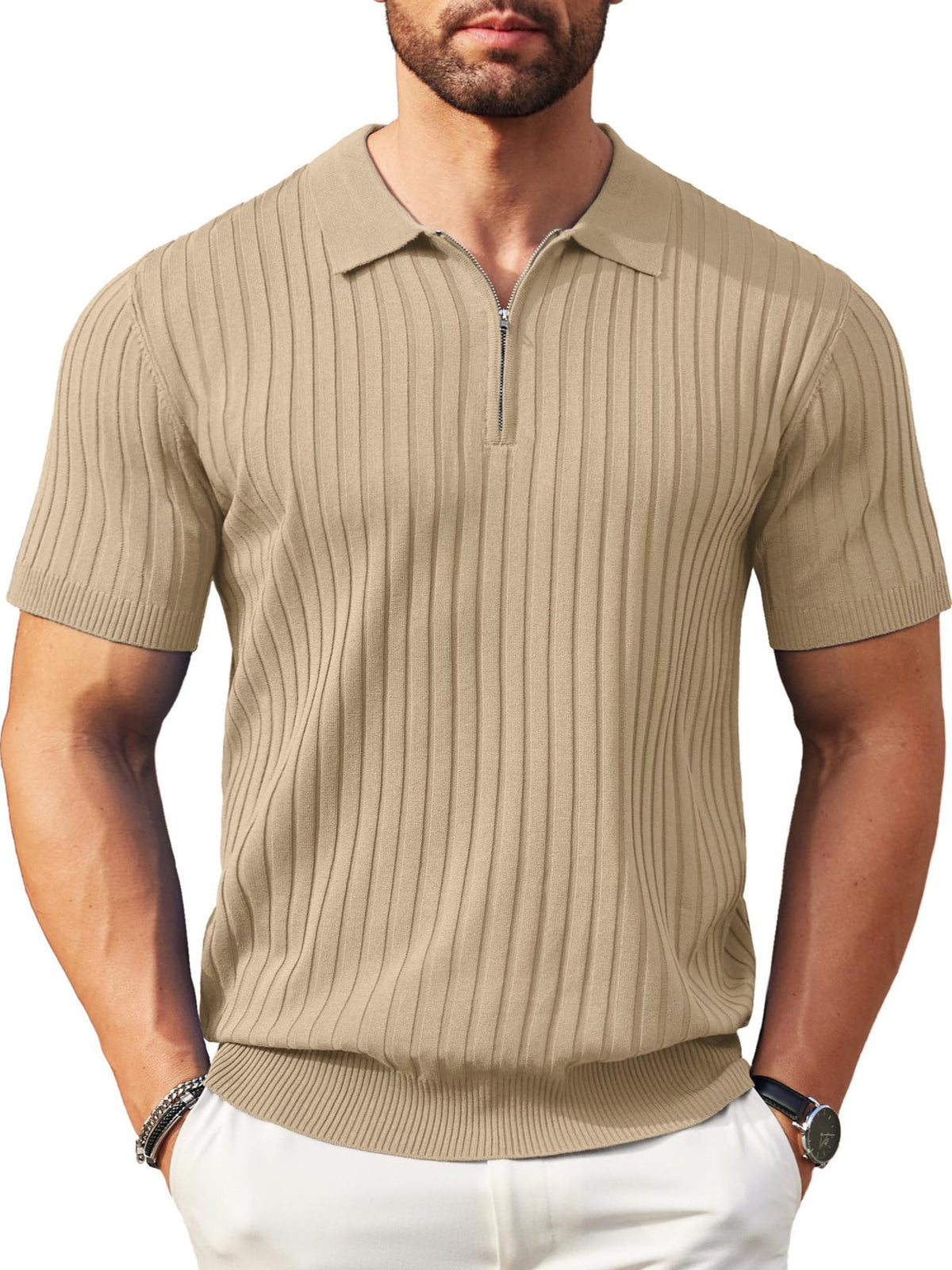 Mens Zipper Ribbed Knit Polo Shirt