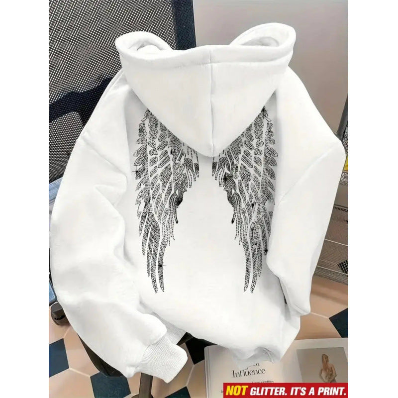 Rhinestone Wings Hoodie Long Sleeve Pullover | PolarNut