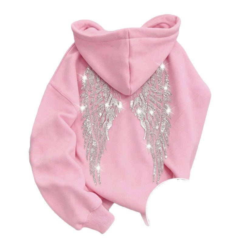 Rhinestone Wings Hoodie Long Sleeve Pullover | PolarNut