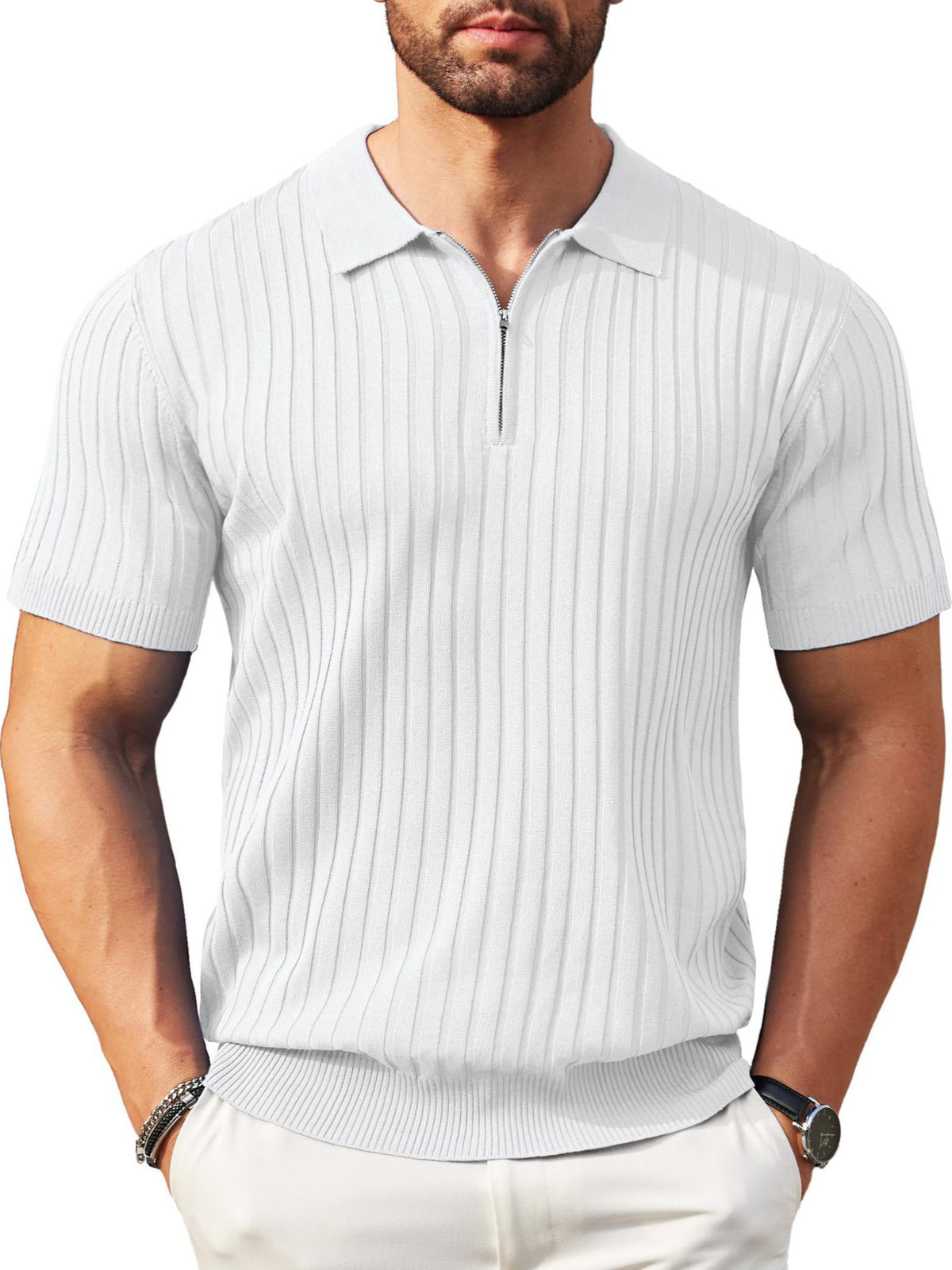 Mens Zipper Ribbed Knit Polo Shirt