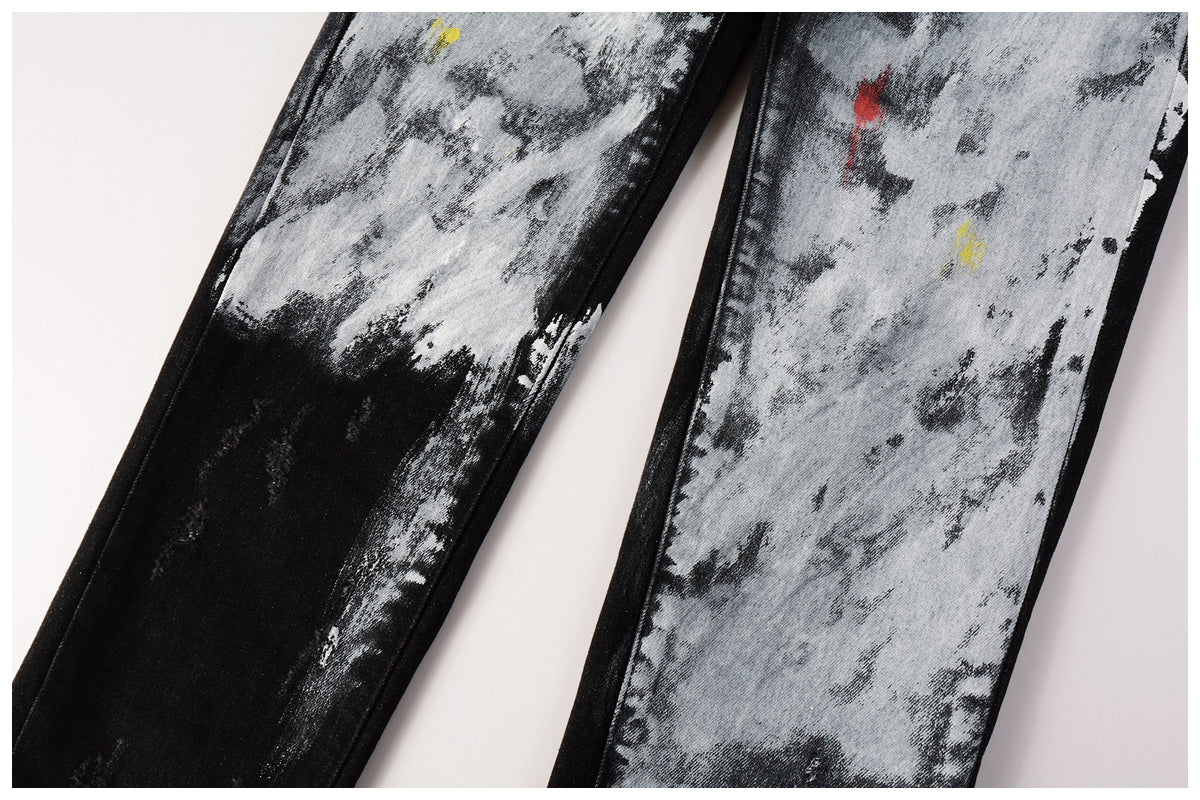 Hole-punched oil painting jeans