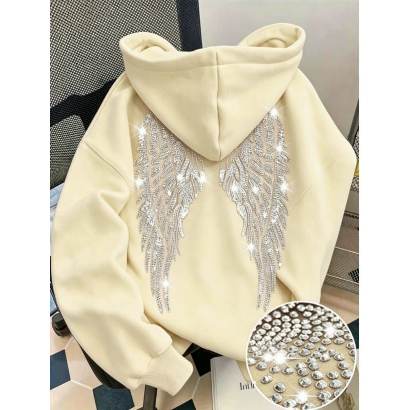 Rhinestone Wings Hoodie Long Sleeve Pullover | PolarNut