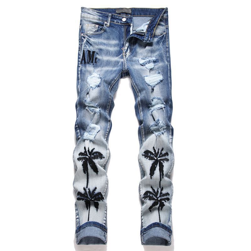 Embroidered Ripped Slim Fit Jeans
