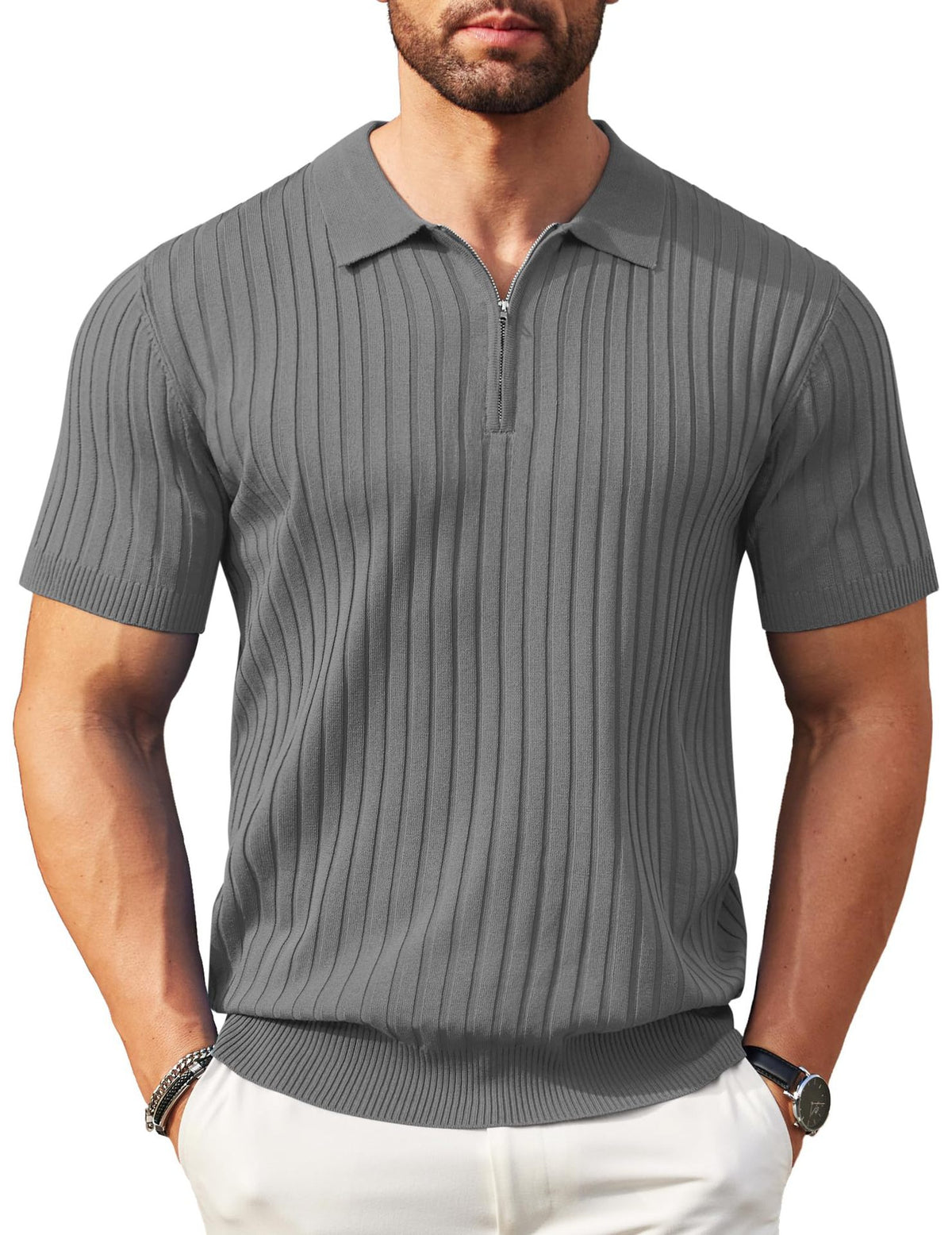 Mens Zipper Ribbed Knit Polo Shirt