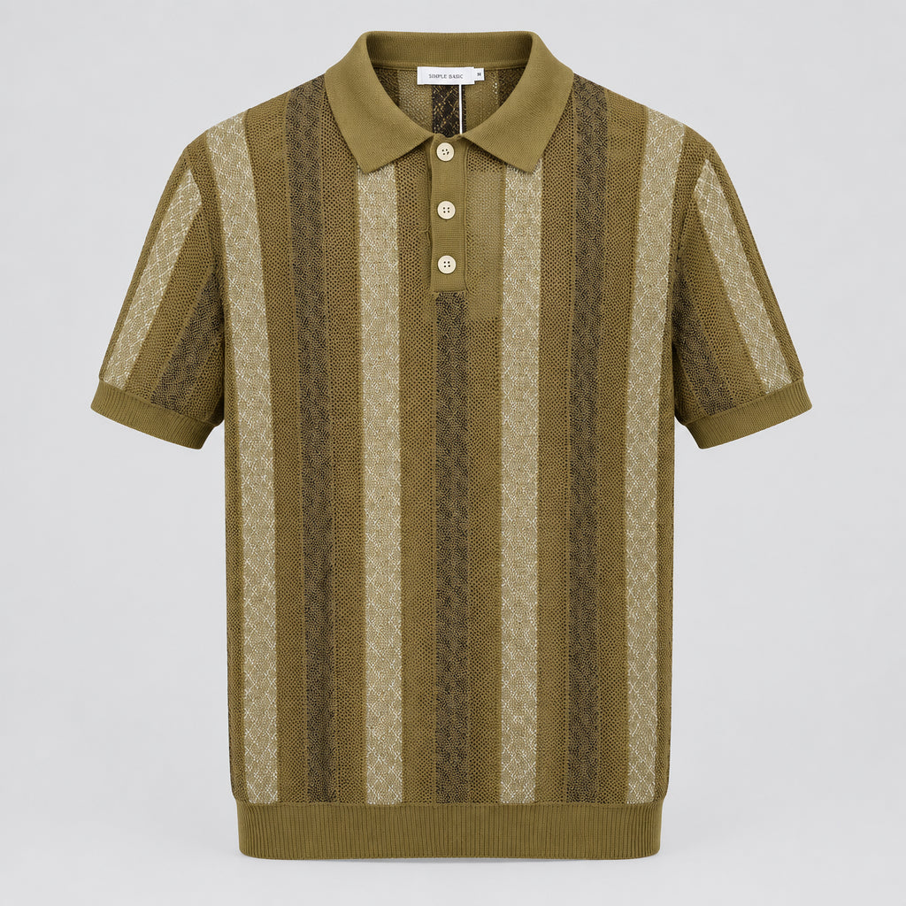 A short-sleeve knit polo shirt in olive green with vertical textured stripes, hanging on a wooden hanger on a clothing rack. Five additional color variants (white, light gray, dark gray, black, and brown) are visible behind it on the rack against a neutral indoor background.