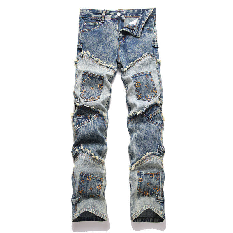 Letter-stitched denim pants