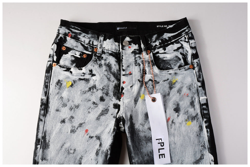 Hole-punched oil painting jeans