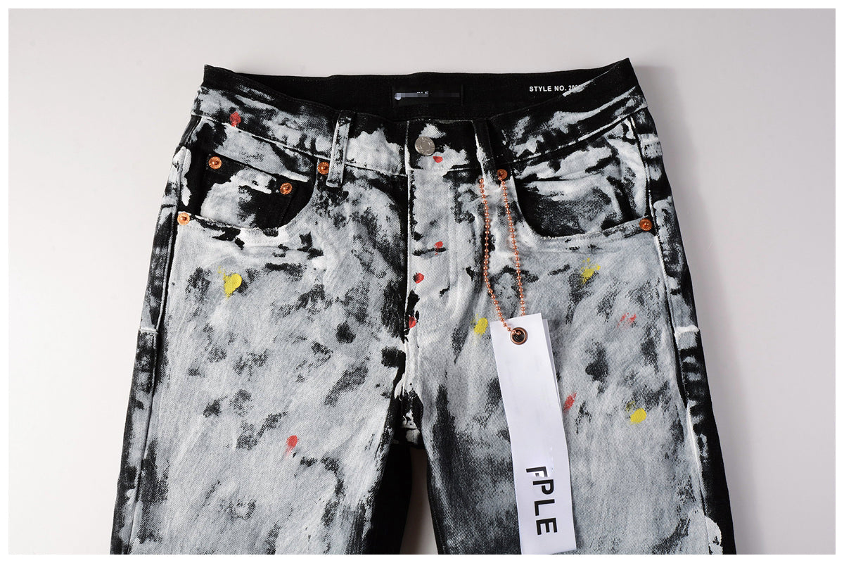 Hole-punched oil painting jeans