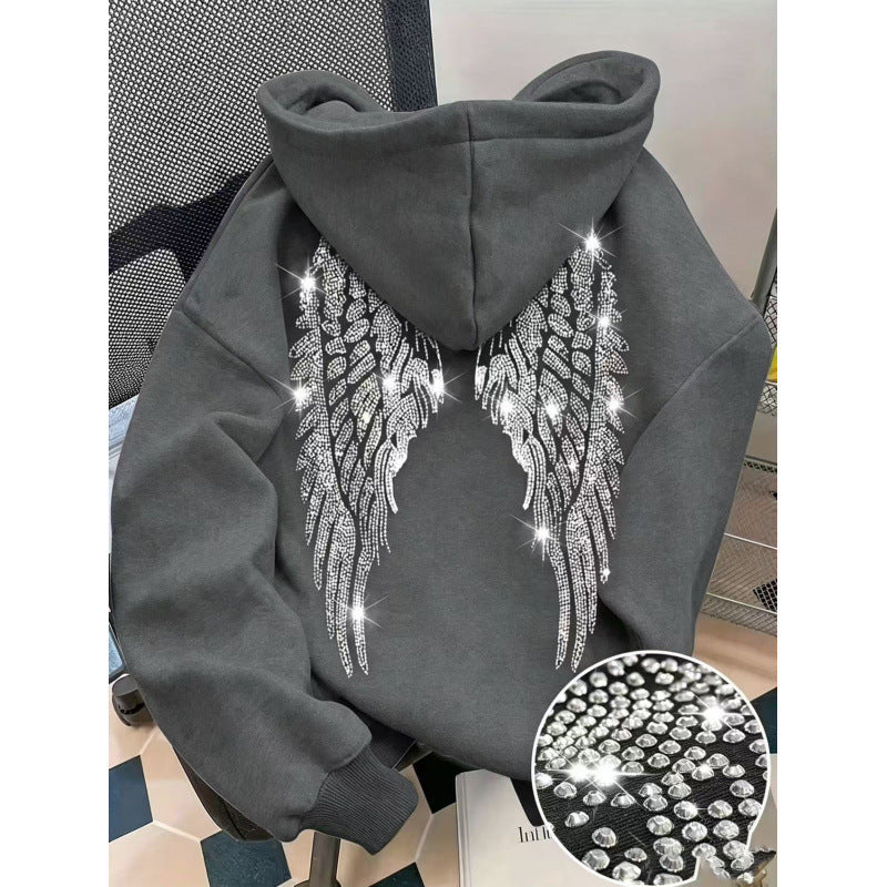Rhinestone Wings Hoodie Long Sleeve Pullover | PolarNut