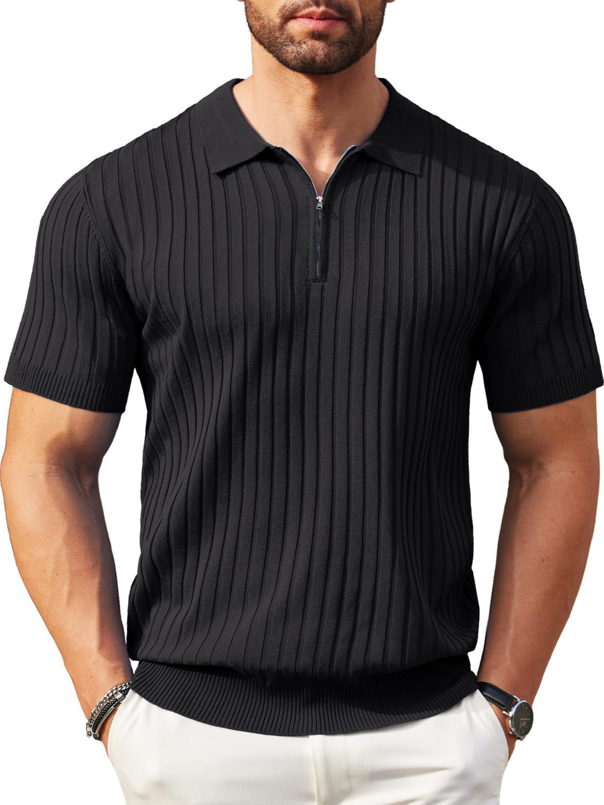 Mens Zipper Ribbed Knit Polo Shirt