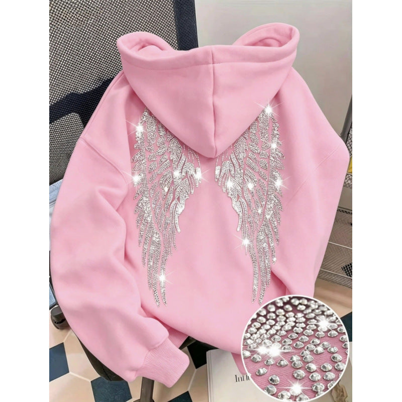Rhinestone Wings Hoodie Long Sleeve Pullover | PolarNut