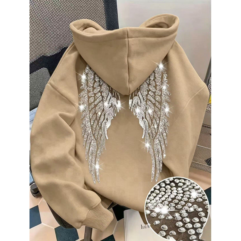 Rhinestone Wings Hoodie Long Sleeve Pullover | PolarNut