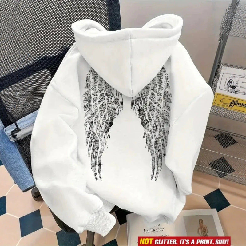 Rhinestone Wings Hoodie Long Sleeve Pullover | PolarNut