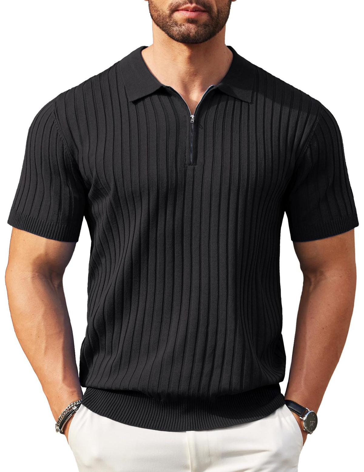 Mens Zipper Ribbed Knit Polo Shirt