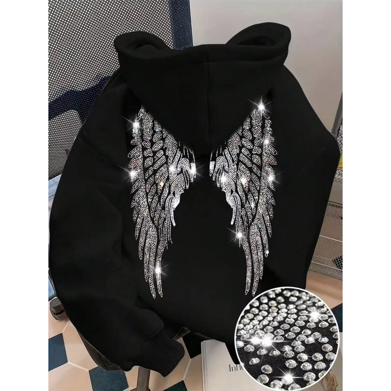 Rhinestone Wings Hoodie Long Sleeve Pullover | PolarNut