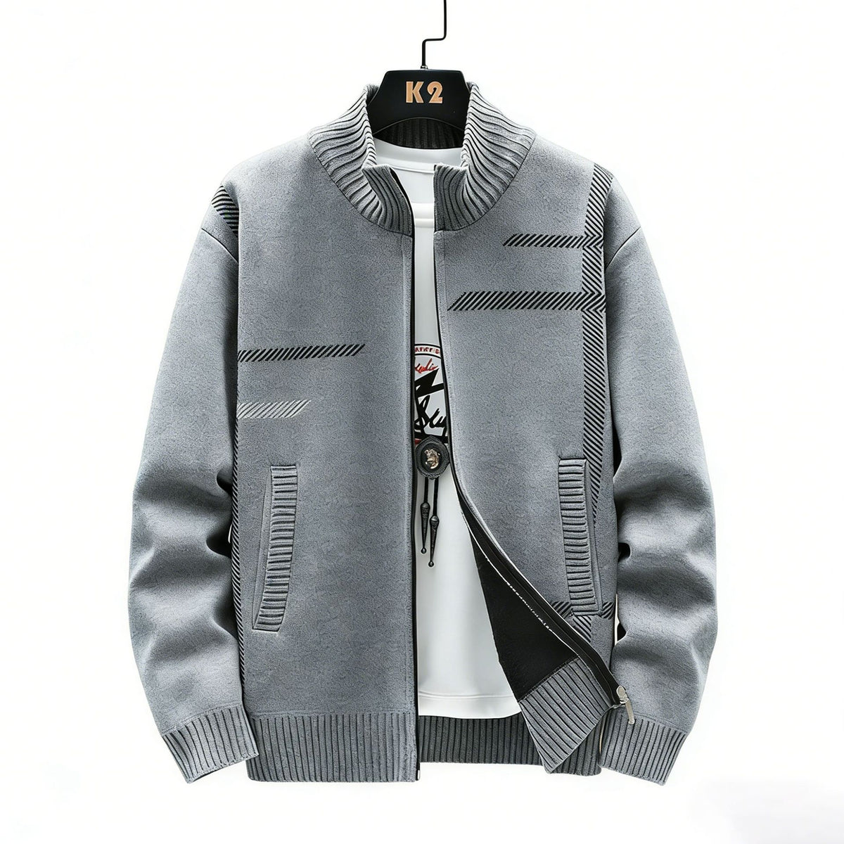 Men's Fleece Lined Stand Collar Cardigan Sweater