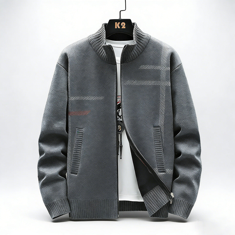 Men's Fleece Lined Stand Collar Cardigan Sweater