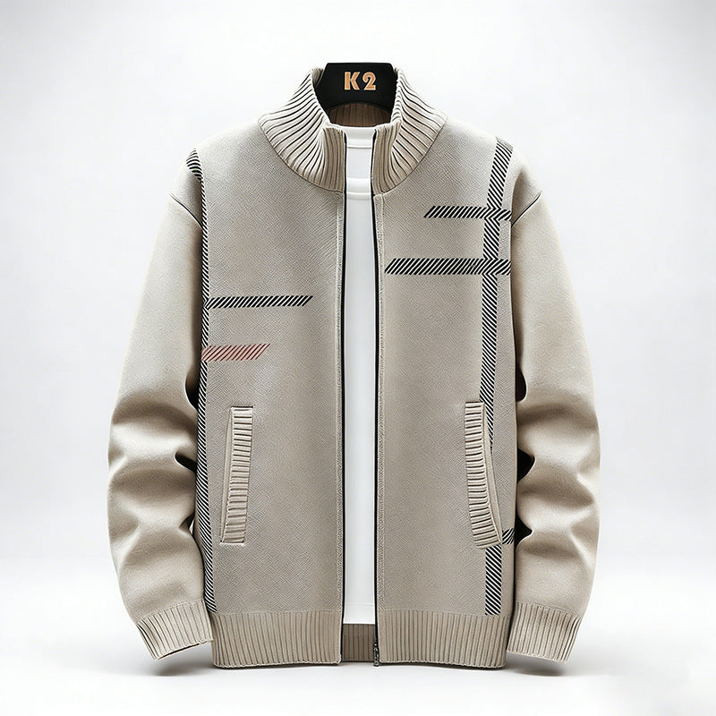 Men's Fleece Lined Stand Collar Cardigan Sweater