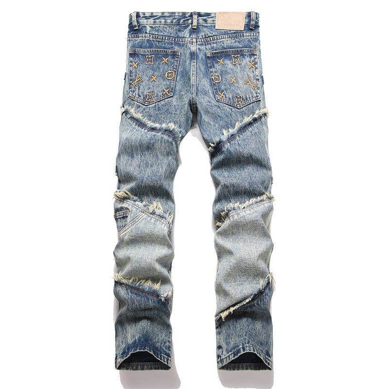 Letter-stitched denim pants