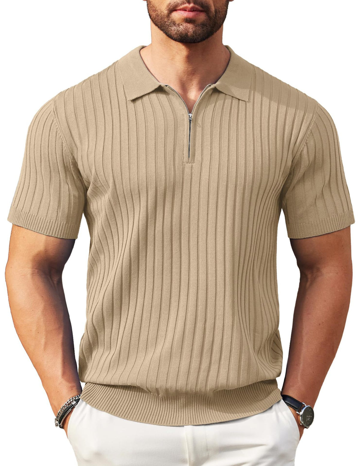 Mens Zipper Ribbed Knit Polo Shirt