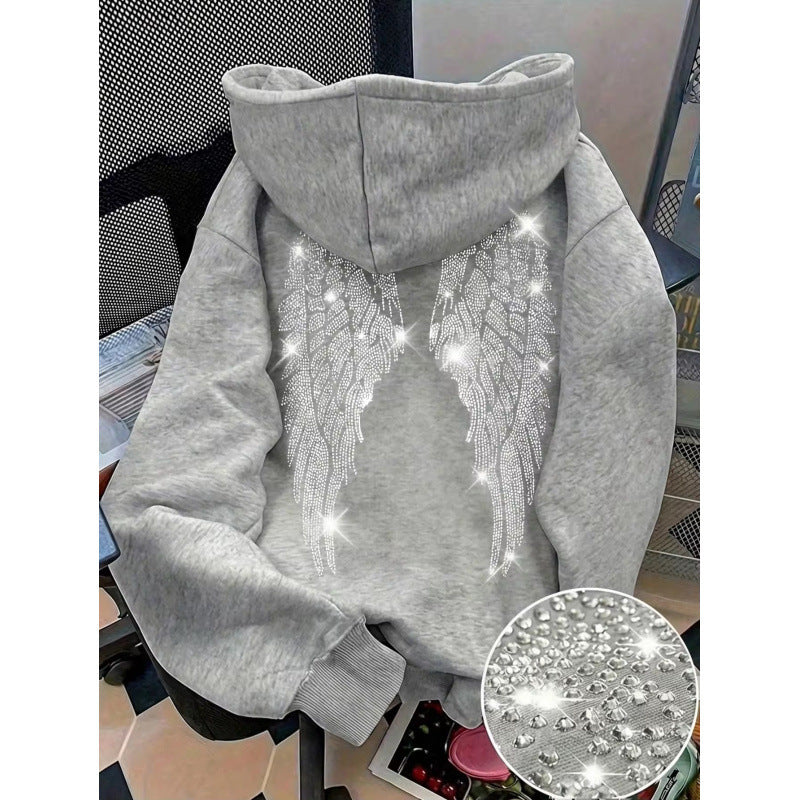 Rhinestone Wings Hoodie Long Sleeve Pullover | PolarNut