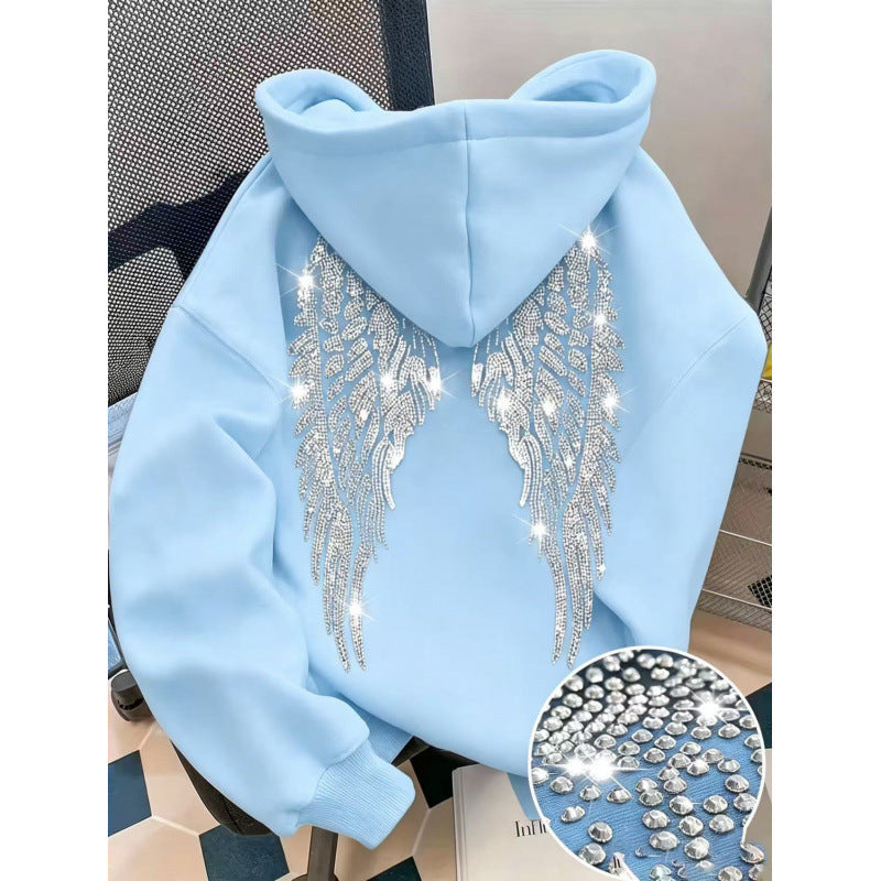 Rhinestone Wings Hoodie Long Sleeve Pullover | PolarNut