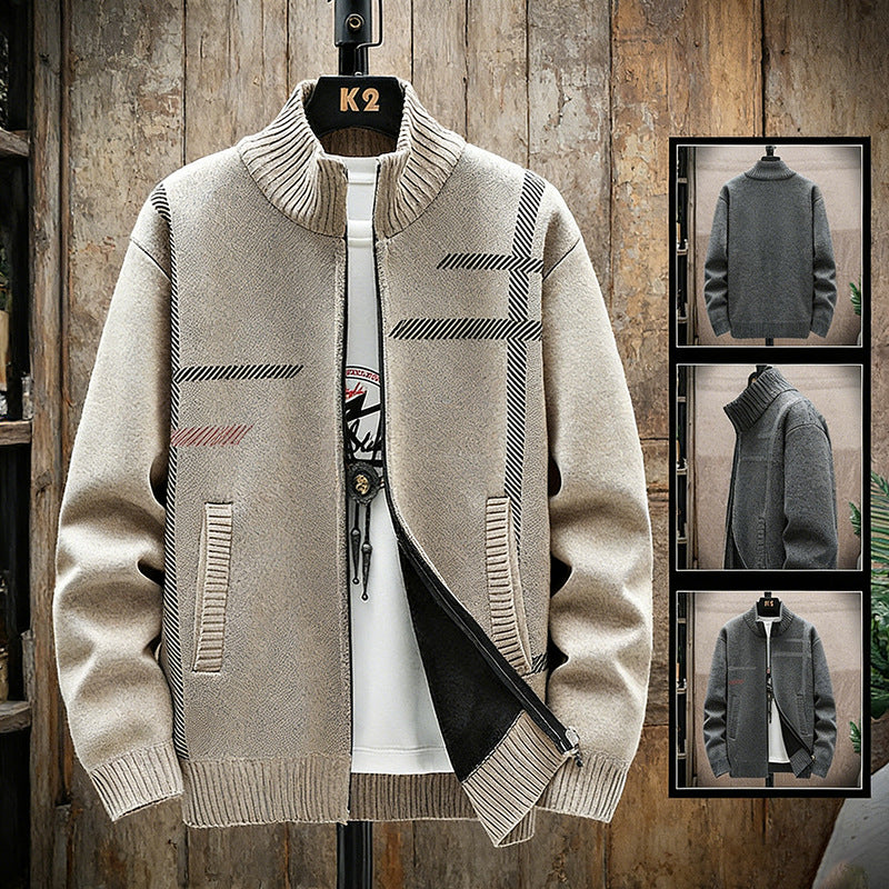 Men's Fleece Lined Stand Collar Cardigan Sweater