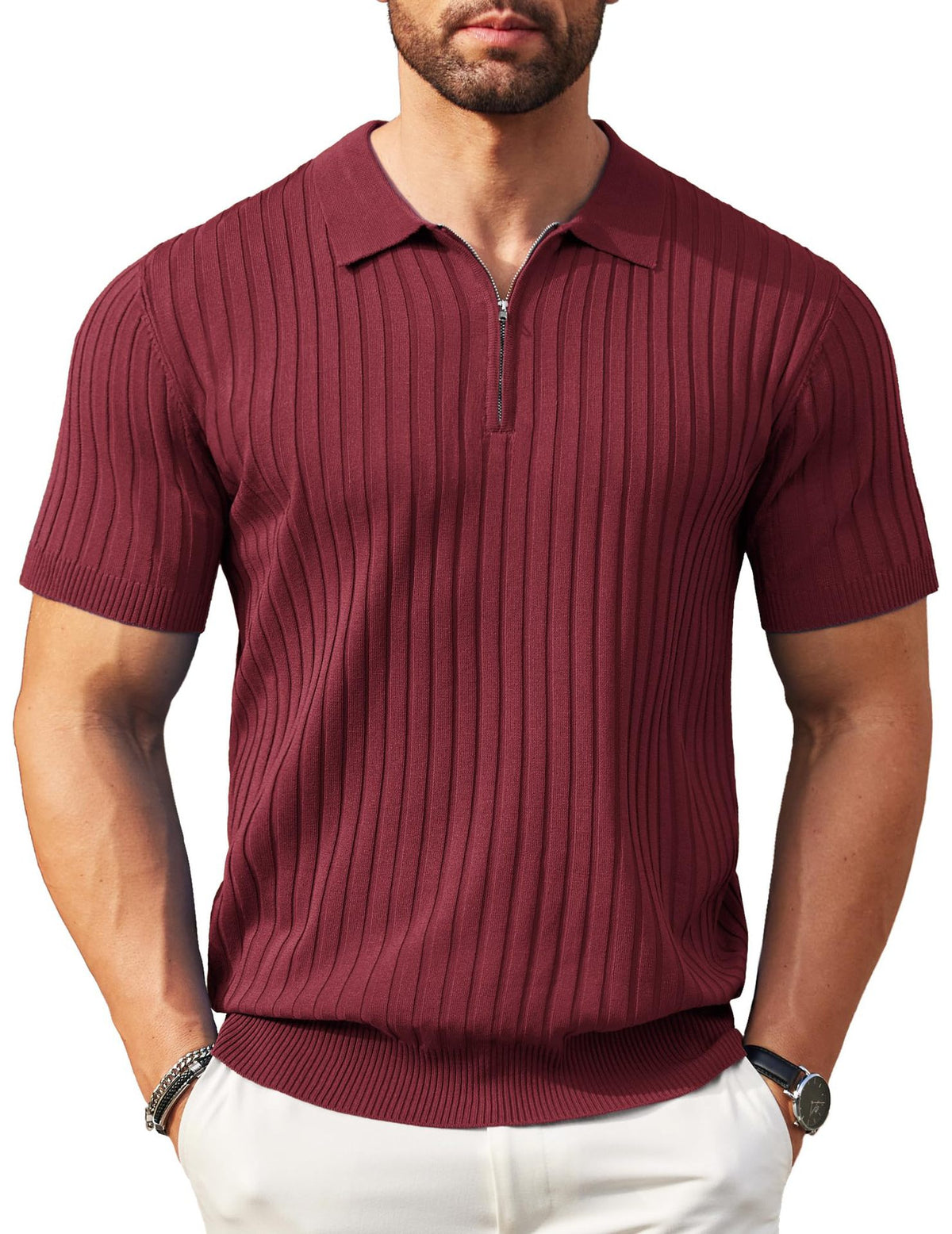 Mens Zipper Ribbed Knit Polo Shirt