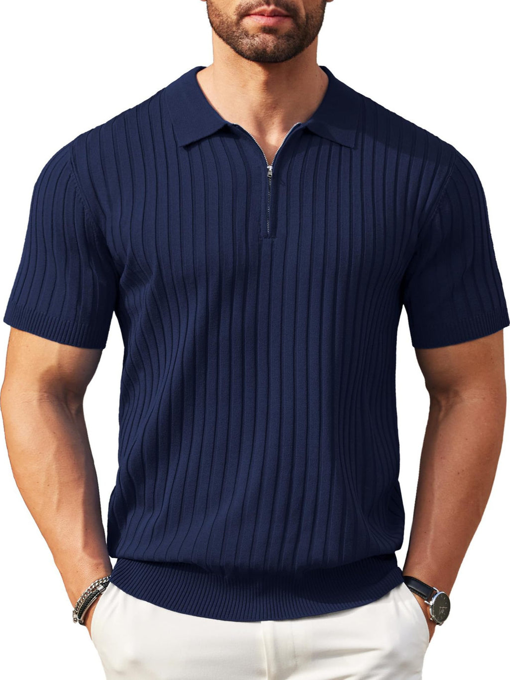 Mens Zipper Ribbed Knit Polo Shirt