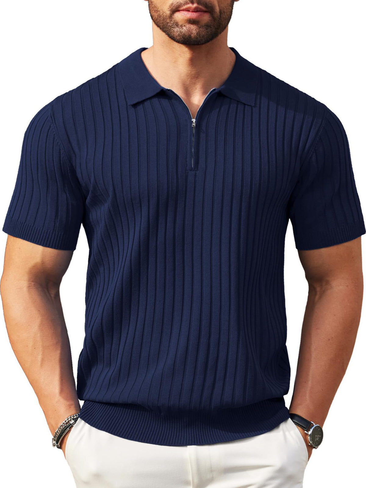 Mens Zipper Ribbed Knit Polo Shirt