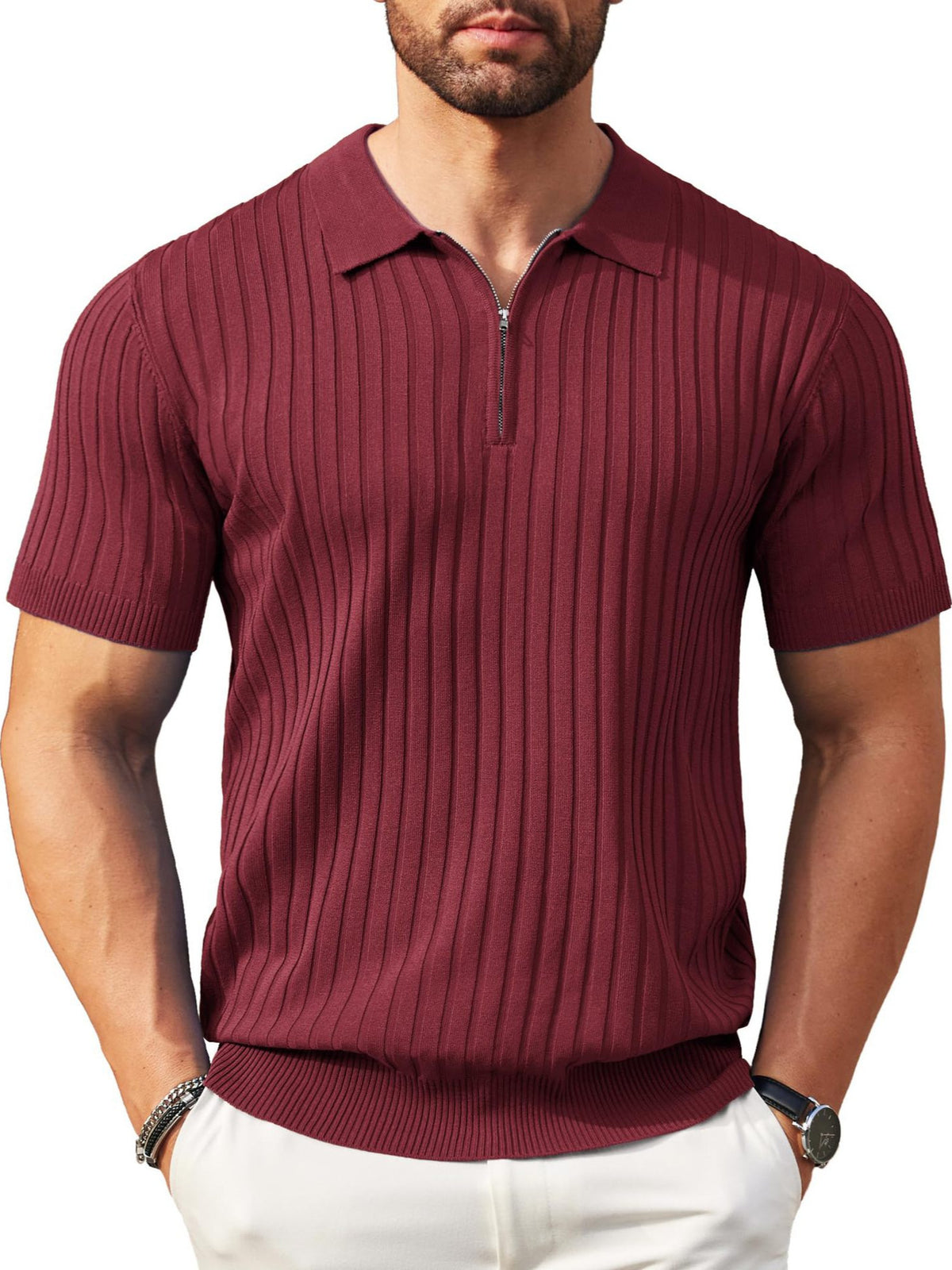 Mens Zipper Ribbed Knit Polo Shirt